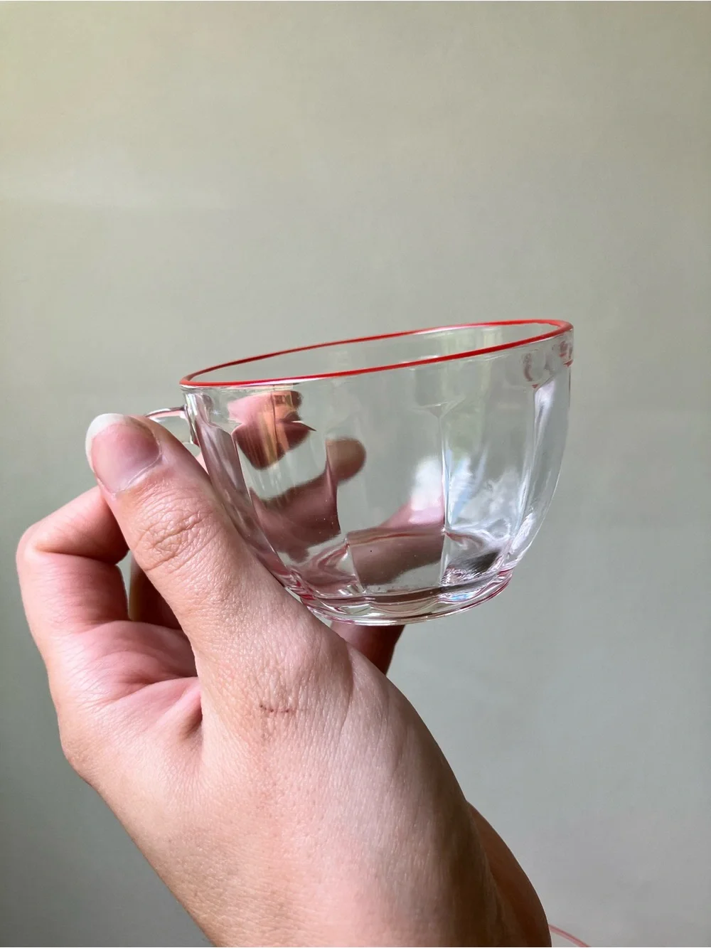 Duralex | Vintage 1950s MCM Red Rim Punch Bowl Set with 6 Clear Glass Cups